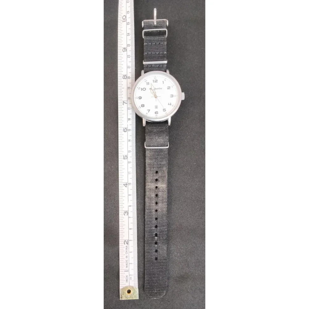 Columbia Silver Tone Analog Mens Watch Round White Face Black Fabric Band #W5172